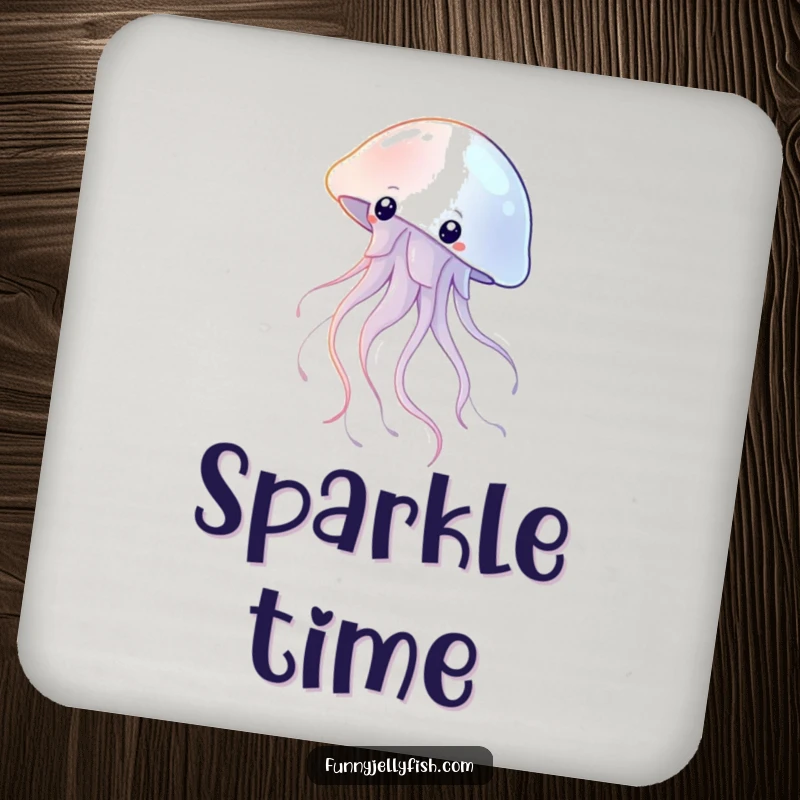Funny Coaster featuring a Graceful Jellyfish Floating with Shimmering Tentacles, protecting surfaces with style