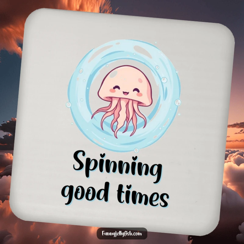 Funny kawaii jellyfish giggling as it spins rapidly in a water vortex on this protective and cute drink coaster.