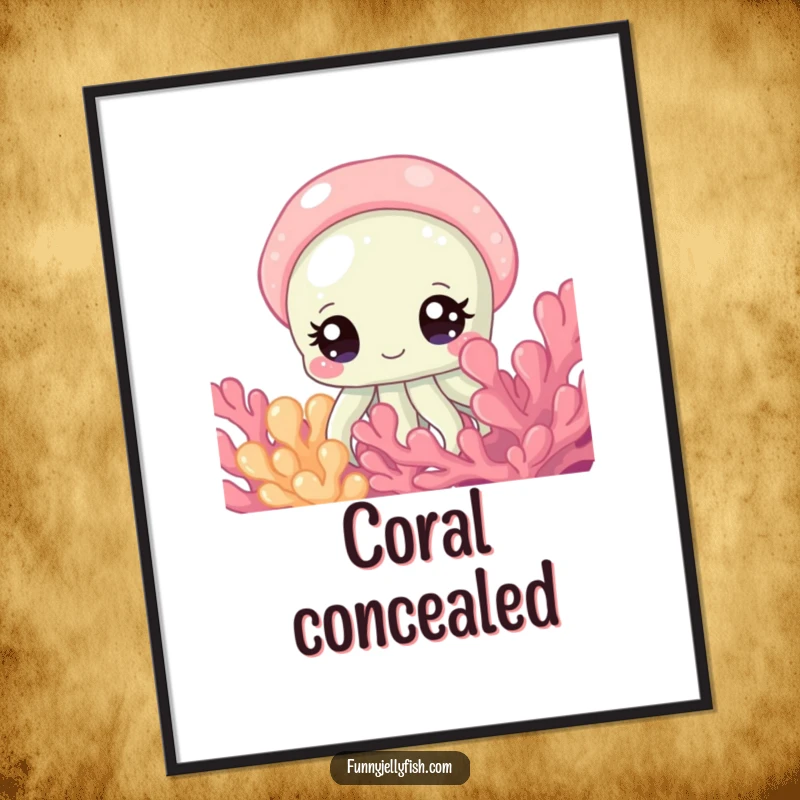 Funny Poster of a Curious Jellyfish with Large, Sparkling Eyes Peeking from Behind Coral, charming wall decor