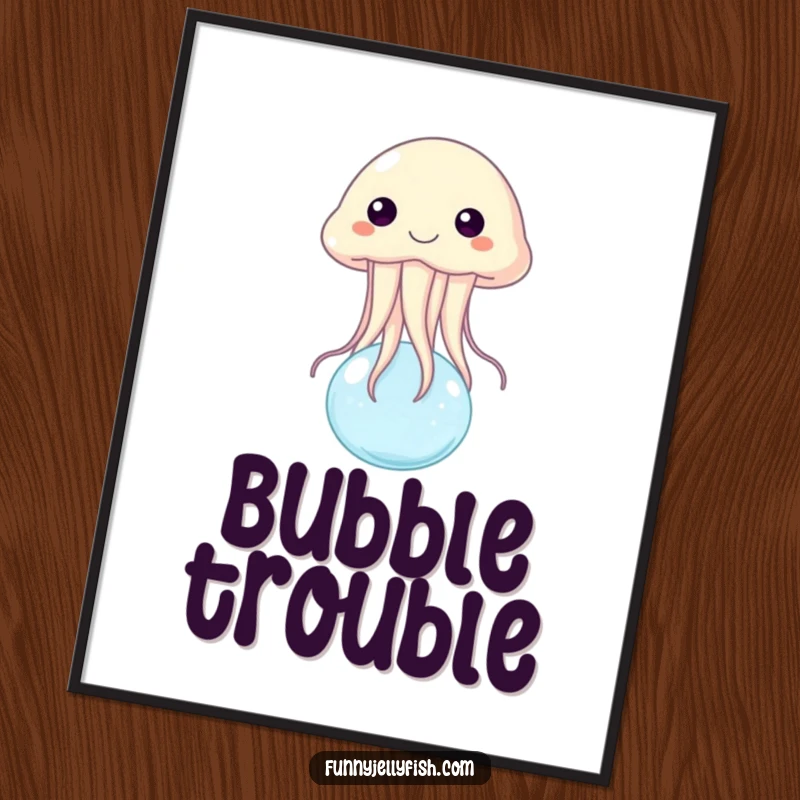 Funny poster of a happy jellyfish joyfully bouncing on a tiny, effervescent water bubble, creating a whimsical and uplifting wall decoration.