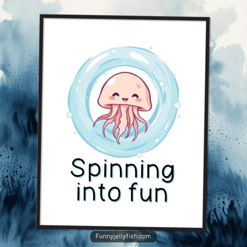Funny kawaii jellyfish giggling as it spins rapidly in a swirling water vortex, presented as a vibrant wall poster.