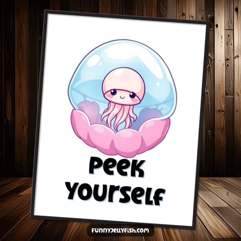 Funny poster of a shy jellyfish peeking out from a translucent, colorful anemone, creating a whimsical and heartwarming wall decoration.