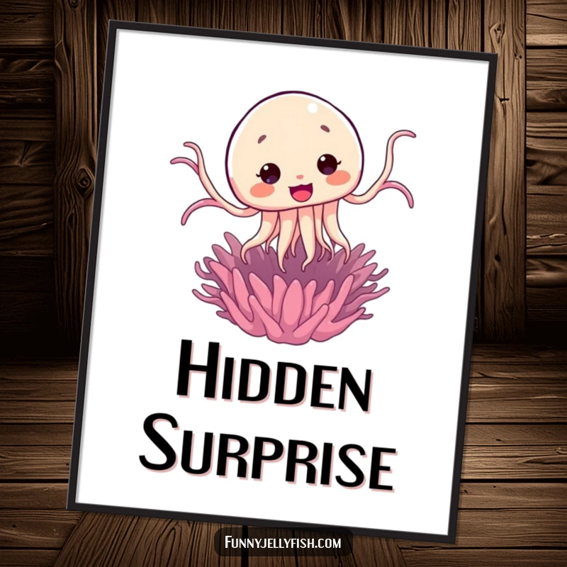 Funny Kawaii Jellyfish Jump Poster depicting a cute jellyfish comically leaping from a hidden sea anemone, adding a surprise element.
