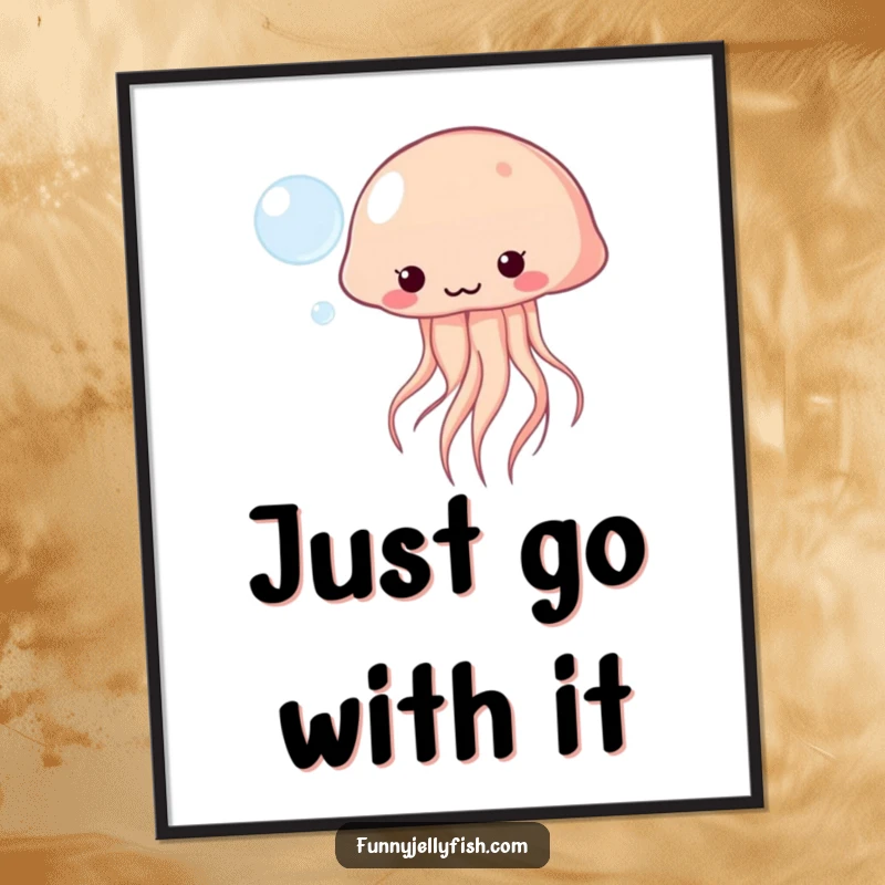 Funny Kawaii Jellyfish Poster playfully bopping a floating bubble, bringing cute ocean antics and artistic humor to your space.
