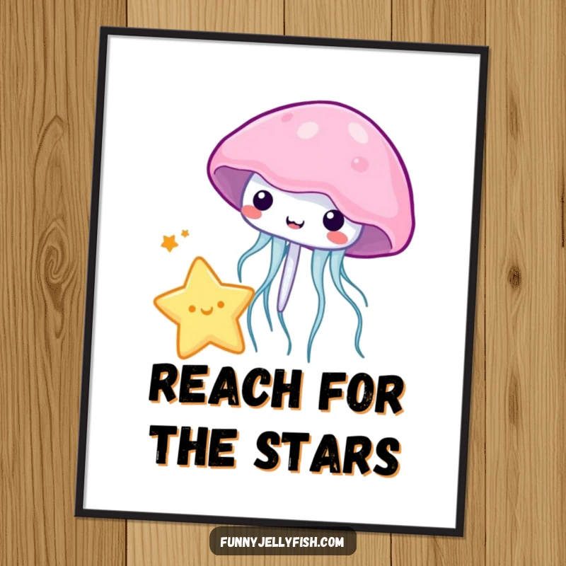 Funny kawaii jellyfish playfully bouncing a tiny star with its bell, presented as a vibrant wall poster.