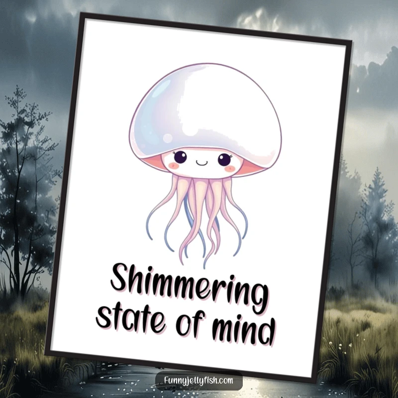 Funny kawaii jellyfish peeking from behind a massive, iridescent pearl, this poster is a delightful and humorous ocean wall art.