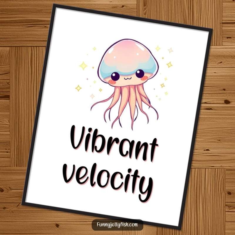 Funny Kawaii Jellyfish Poster, illustrating a creature zooming with dazzling, colorful trails, adding a touch of humorous speed and vibrant artistry.