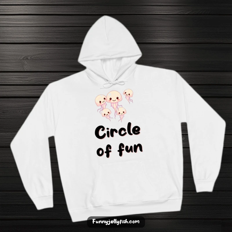 Funny hoodie featuring a group of small, giggling jellyfish swimming energetically in a playful circle, perfect for cozying up.