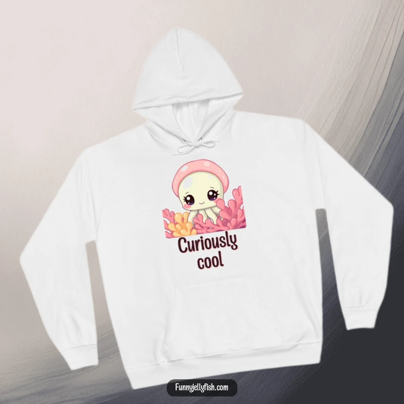 Funny Hoodie featuring a Curious Jellyfish with Sparkling Eyes Peeking from Coral, soft and warm