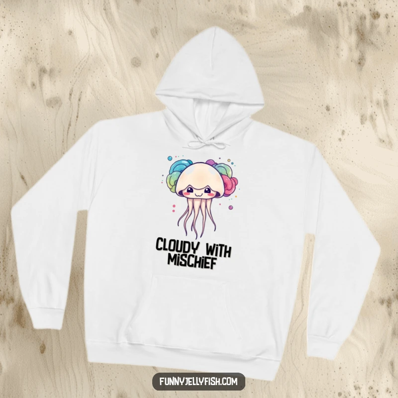 Funny kawaii jellyfish with a mischievous grin creating colorful ink clouds, featured on this soft and cozy hoodie.