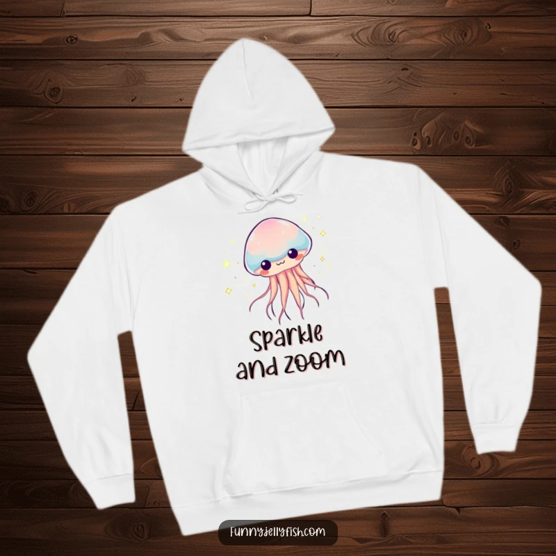 Funny Kawaii Jellyfish Hoodie, showing a creature zooming with colorful, sparkly trails, offering cozy comfort and a sense of speedy, whimsical fun.