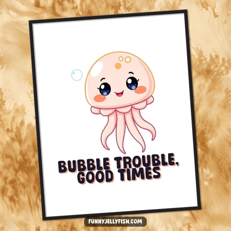 Funny Free Printable Wall Art: A kawaii jellyfish with ecstatic eyes bounces on a bubble, bringing playful energy.