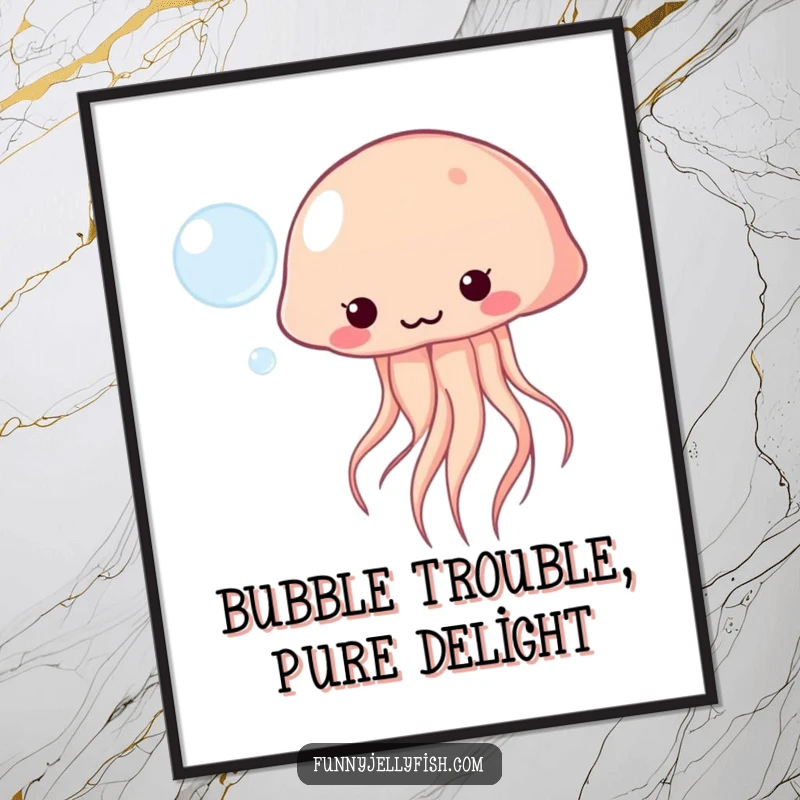 Funny Free Printable Wall Art: A cute Kawaii jellyfish playfully bopping a shimmering bubble, adding whimsical decor to any room.