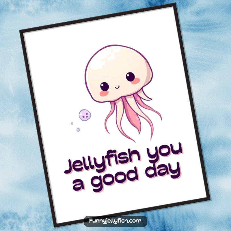 Funny Free Printable Wall Art featuring a Kawaii jellyfish playfully chasing a small, shimmering plankton, a delightful ocean-themed print.