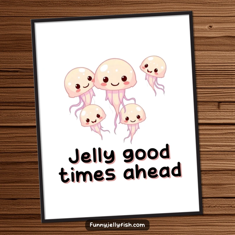 Funny Free Printable Wall Art: A group of small, giggling jellyfish swim in a playful circle, creating a whimsical scene.