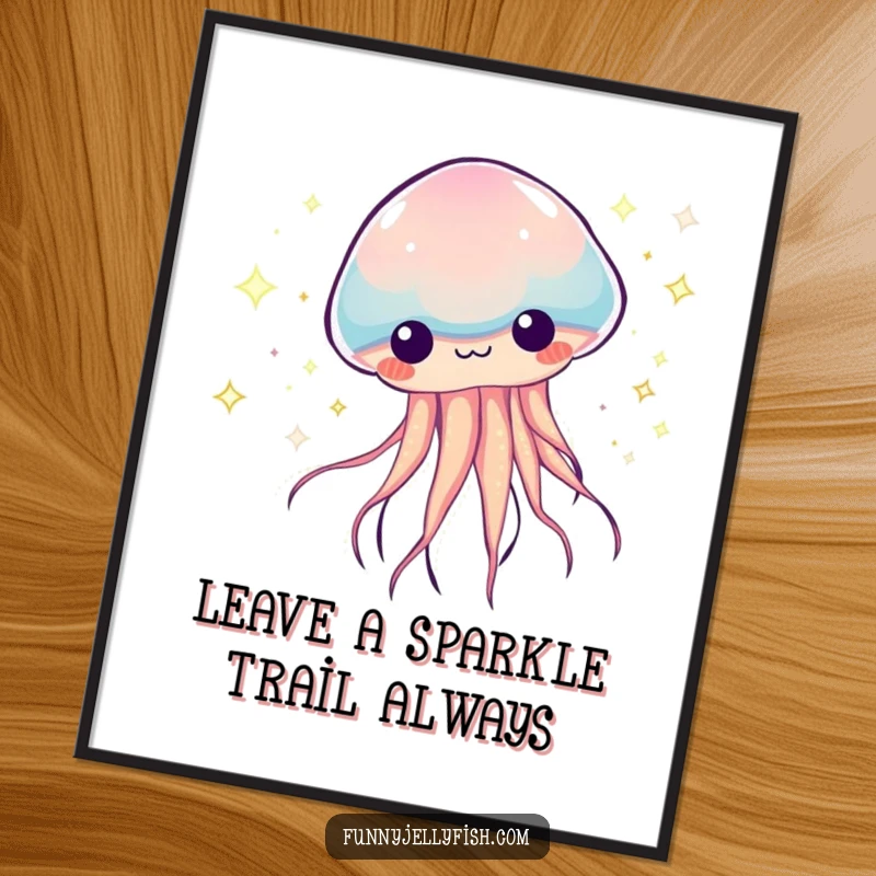 Funny Free Printable Wall Art: A kawaii jellyfish zooms energetically, leaving a trail of colorful, shimmering sparkles.