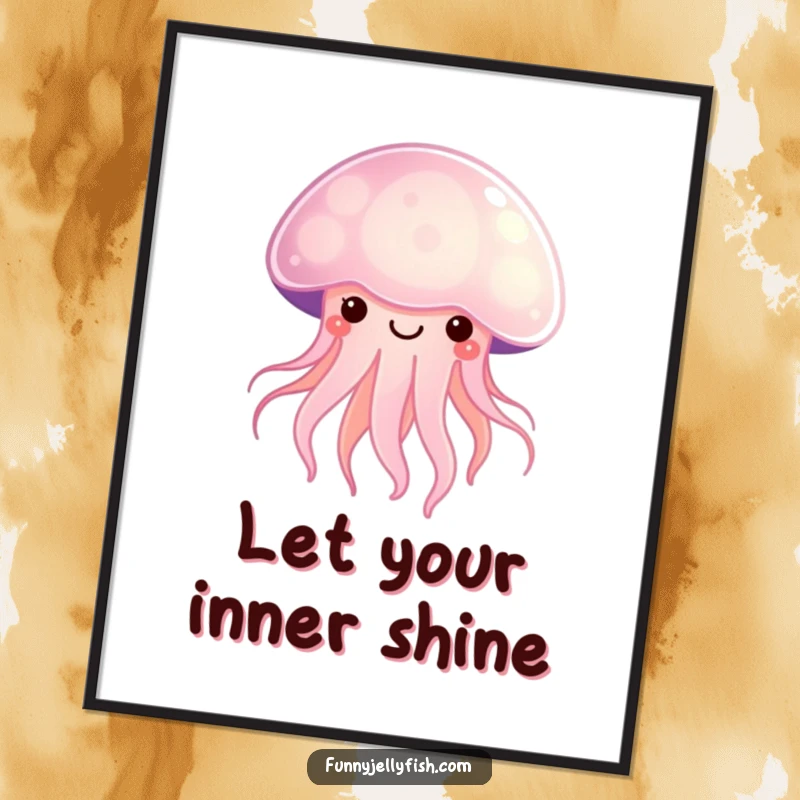Funny Free Printable Wall Art: A charming Kawaii jellyfish emitting a soft, happy glow, bringing cheerful vibes and cute decor.