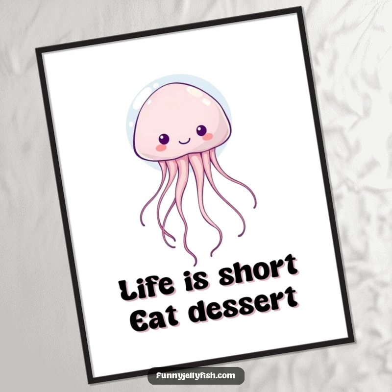 Funny free printable wall art depicting a kawaii jellyfish with flowing tentacles, joyfully ascending within a bubble, bringing whimsical charm.