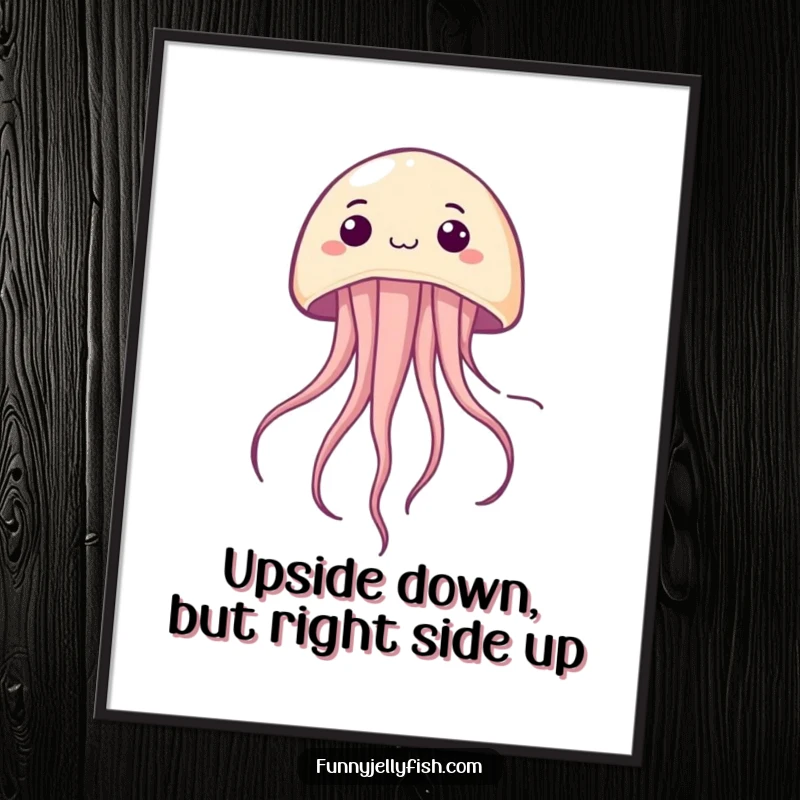 Funny Free Printable Wall Art: A kawaii jellyfish floating upside down with a happy, surprised expression, adding whimsy.