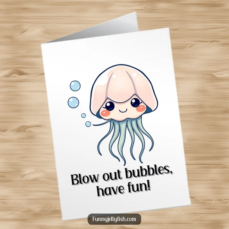 Funny Free Printable Birthday Card: A kawaii jellyfish with happy eyes blows a string of festive bubbles.