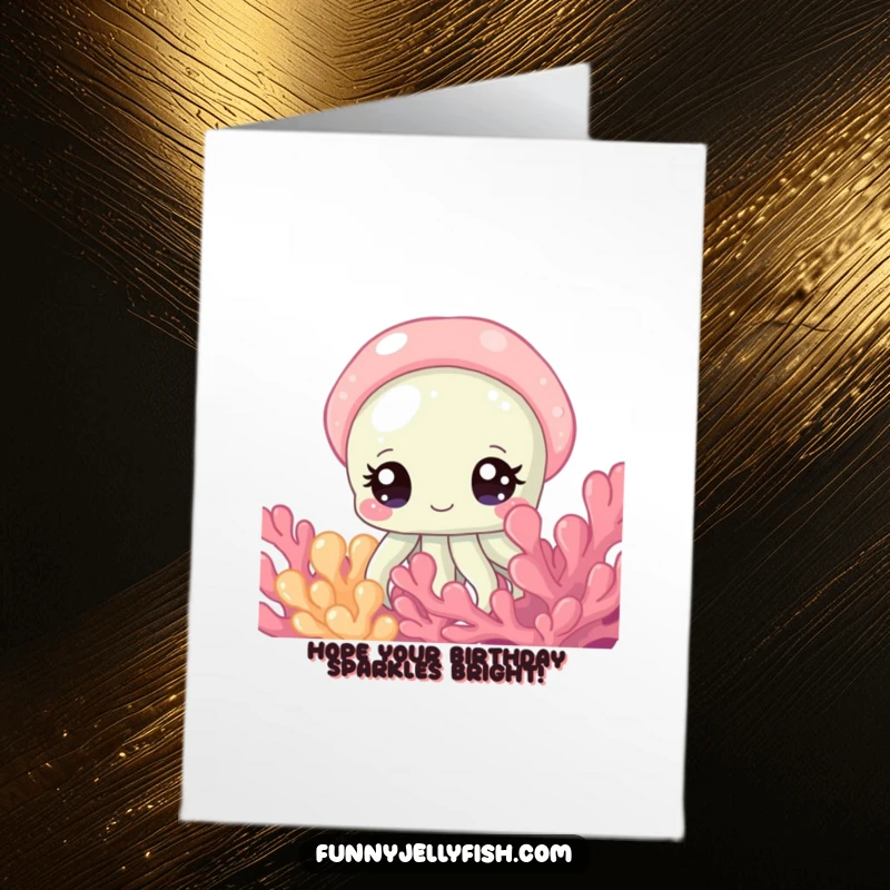 Whimsical Free Printable Birthday Card: A curious jellyfish with large, sparkling eyes peeks from behind colorful coral, looking inquisitive, great for a DIY gift.