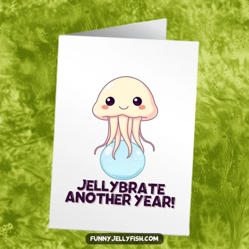 Funny Free Printable Birthday Card: A cheerful jellyfish joyfully bounces on a small water bubble, spreading birthday cheer.