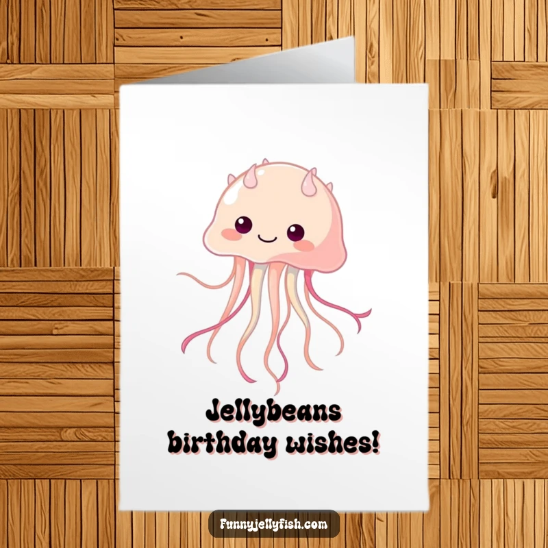 Funny Free Printable Birthday Card: Kawaii jellyfish with a cheerful face wiggling tentacles like a ribbon dancer.