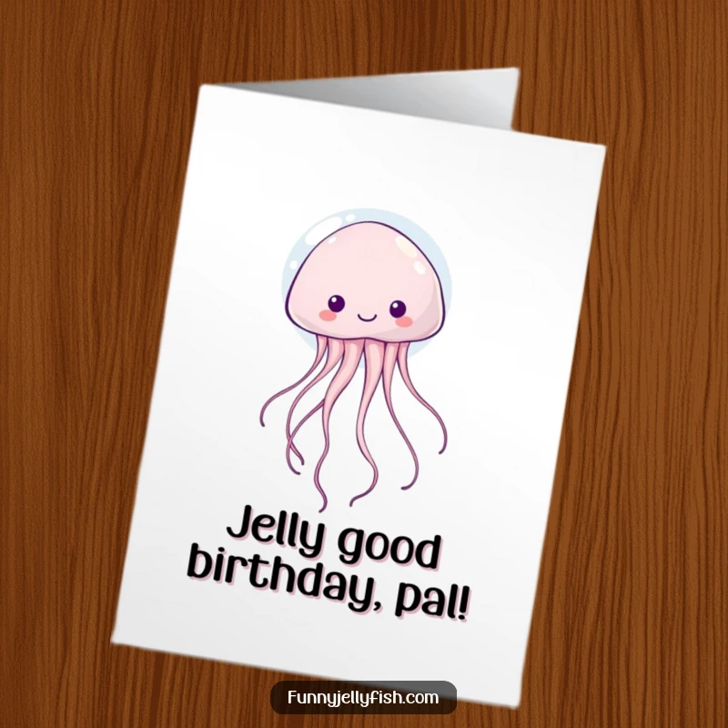 Funny free printable birthday card showing a cute kawaii jellyfish with wiggly tentacles happily floating upwards inside a transparent bubble.