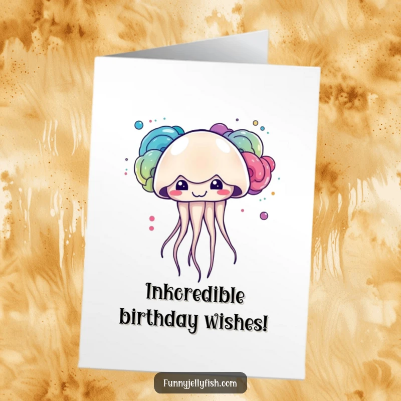 Funny free printable birthday card where a cute kawaii jellyfish grins mischievously while creating vibrant, colorful ink clouds.