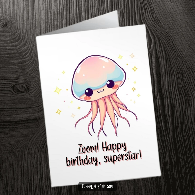 Funny Free Printable Birthday Card: A kawaii jellyfish zooming with colorful, sparkly trails, wishing a happy birthday.