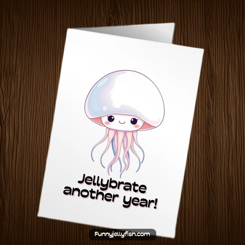Funny Free Printable Birthday Card featuring a kawaii jellyfish peeking from behind a giant pearl, offering a surprise.