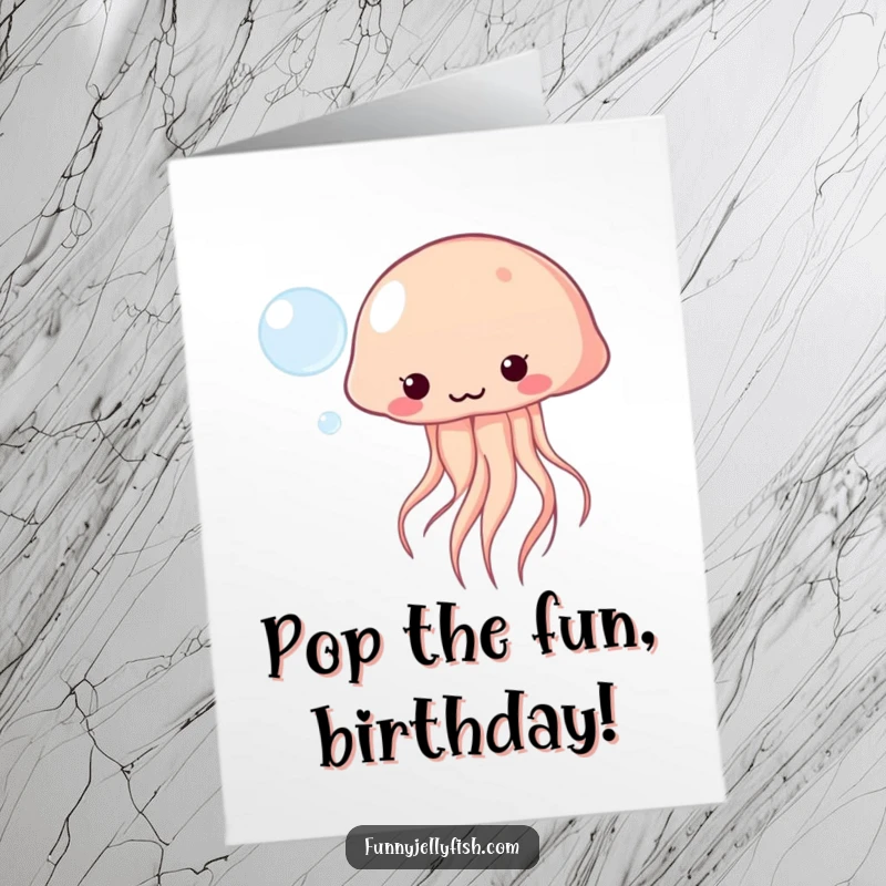 Funny Free Printable Birthday Card: A playful Kawaii jellyfish joyfully bopping a floating bubble, celebrating with lighthearted fun.