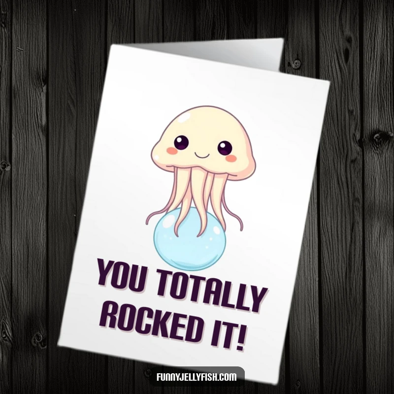 Funny Free Printable Congratulations Card: A happy jellyfish gleefully bounces on a small water bubble, signifying sweet success.