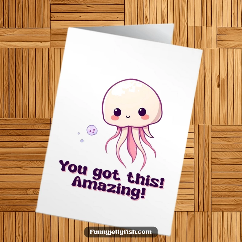 Funny Free Printable Congrats Card showing a Kawaii jellyfish playfully chasing a small, shimmering plankton, a fun marine theme.
