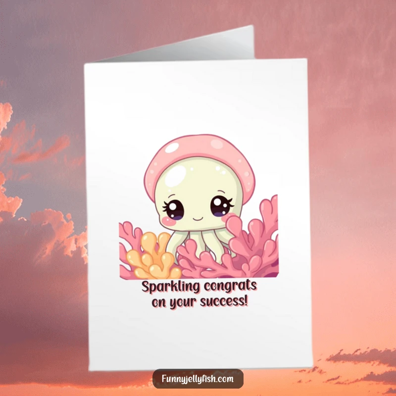 Whimsical Free Printable Congratulations Card: A curious jellyfish with large, sparkling eyes peeks from behind coral, signifying a delightful surprise, perfect for a DIY gift.