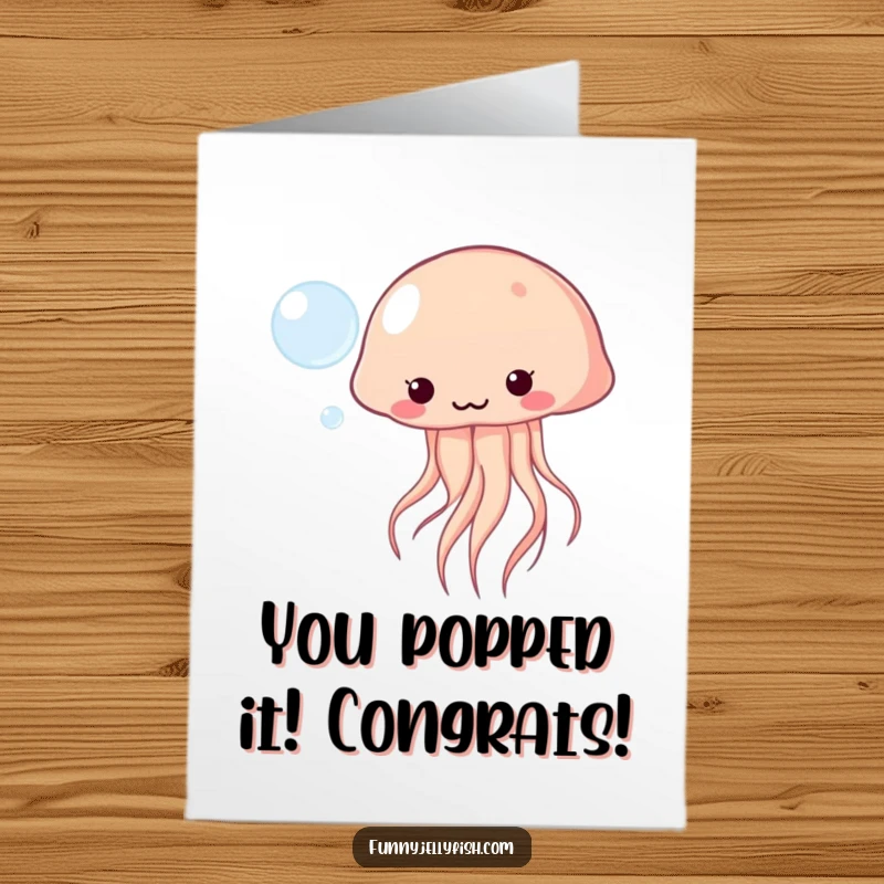 Funny Free Printable Congrats Card: A happy Kawaii jellyfish playfully bopping a shiny bubble, conveying bubbly congratulations.