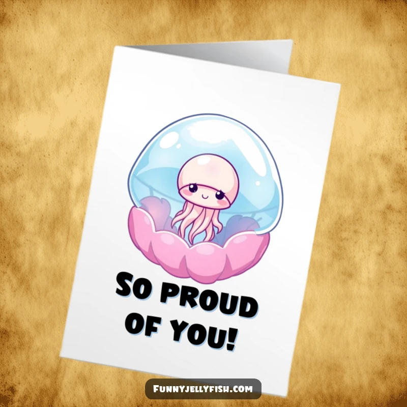 Funny Free Printable Congratulations Card: A shy jellyfish peeks from a vibrant anemone, celebrating success gently.