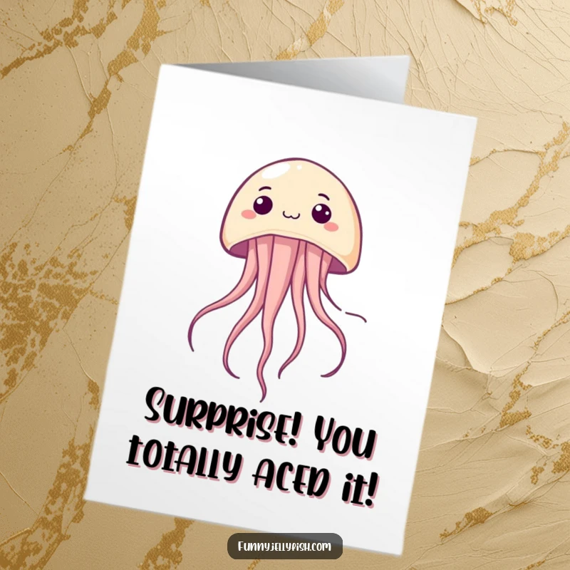 Funny Free Printable Congratulations Card: A kawaii jellyfish floats upside down with a cheerful, surprised expression, celebrating success.