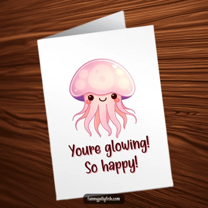 Funny Free Printable Congrats Card: A happy Kawaii jellyfish glowing brightly, conveying congratulations with cheerful, radiant energy.