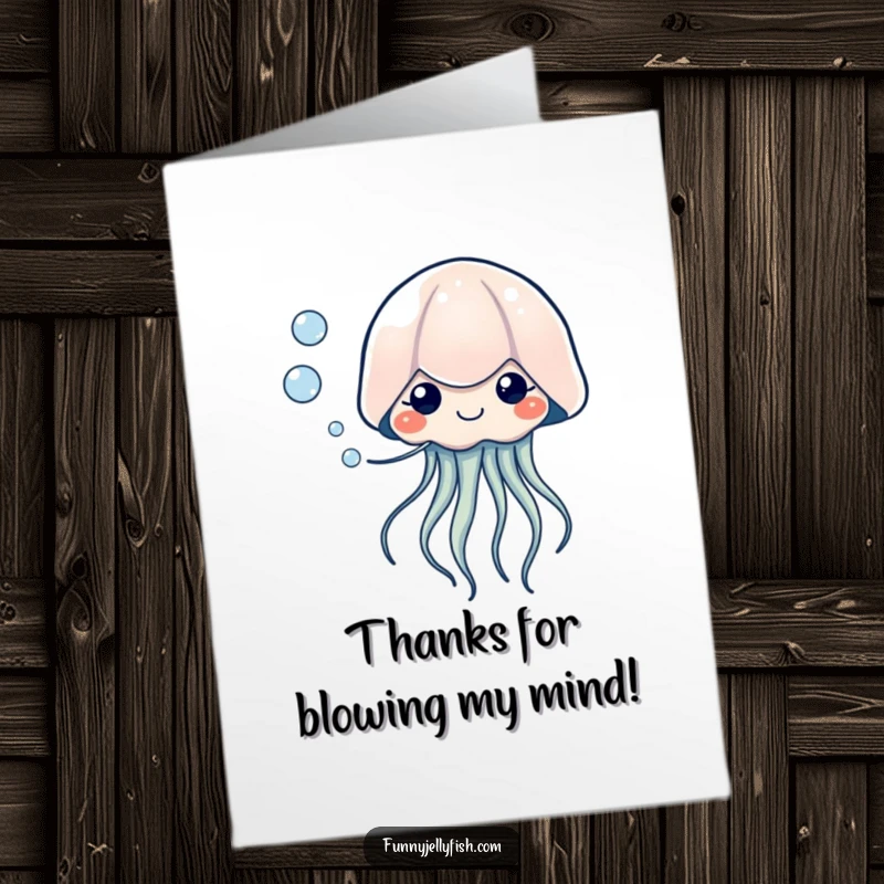 Funny Free Printable Thank You Card: A kawaii jellyfish with happy eyes blows a string of bubbles in thanks.
