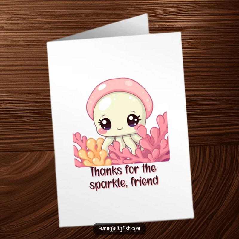 Whimsical Free Printable Thank You Card: A curious jellyfish with large, sparkling eyes peeks from behind coral, offering a sweet thank you, great for a DIY gift.