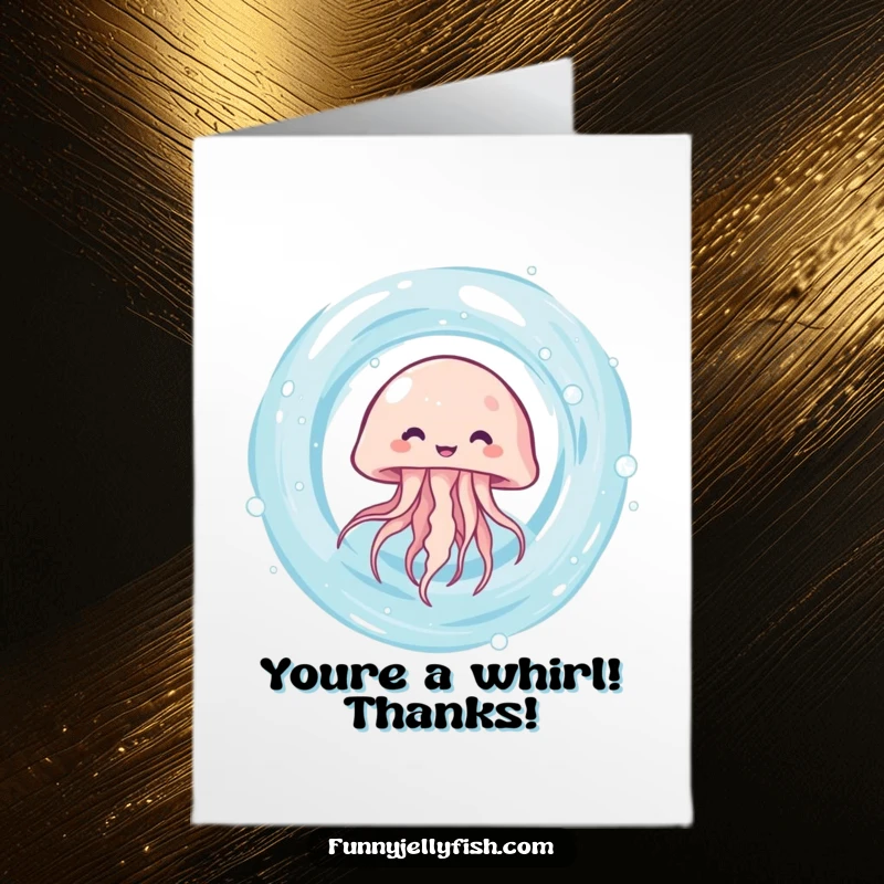 Funny free printable thank you card where a kawaii jellyfish giggles happily while spinning energetically within a swirling water vortex.