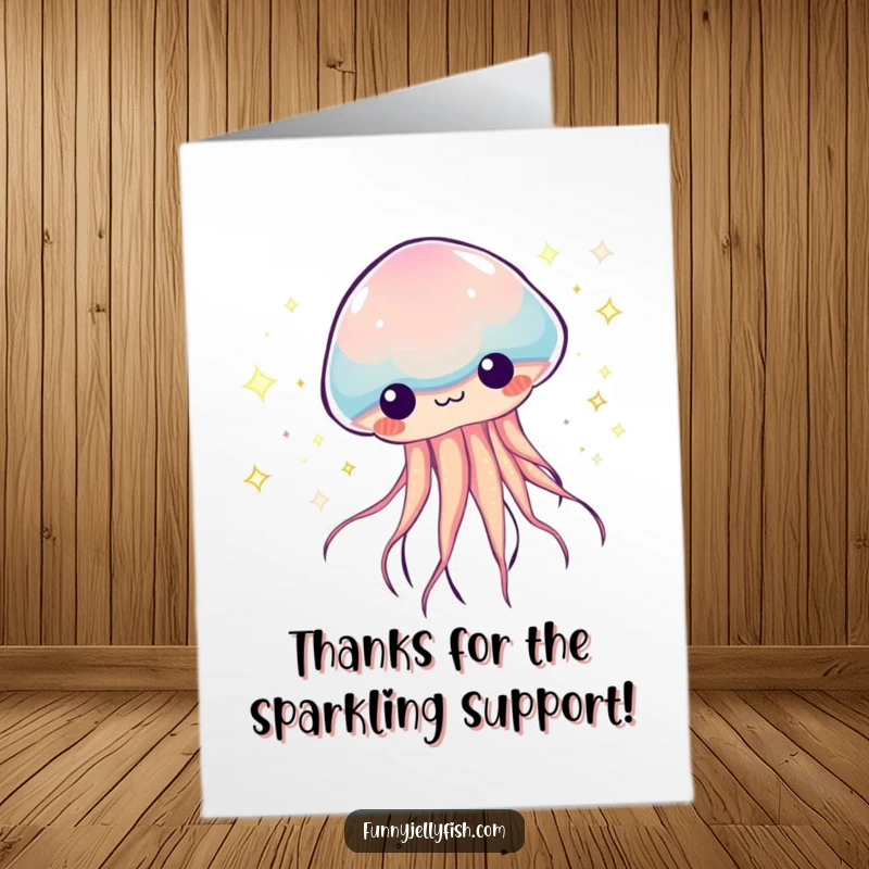 Funny Free Printable Thank You Card: A kawaii jellyfish zooms by, leaving colorful sparkle trails as a thank you.