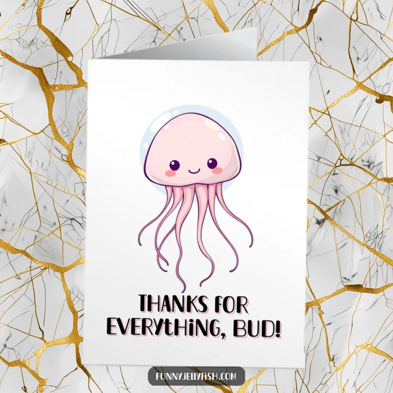 Funny free printable thank you card where a kawaii jellyfish floats joyfully in a bubble, sending warm thanks with wiggly tentacles.