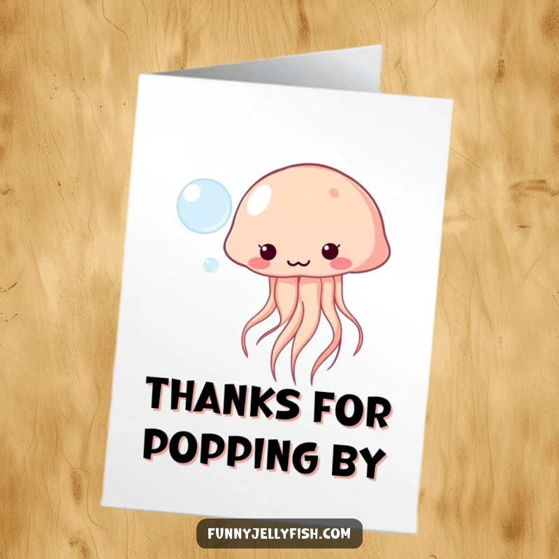 Funny Free Printable Thank You Card: A cute Kawaii jellyfish playfully nudging a floating bubble, a fun way to say thanks.