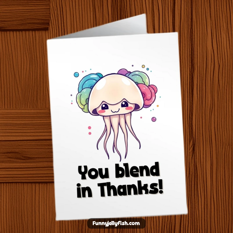 Funny free printable thank you card where a kawaii jellyfish with a mischievous grin creates beautiful, colorful ink clouds as a thank you.