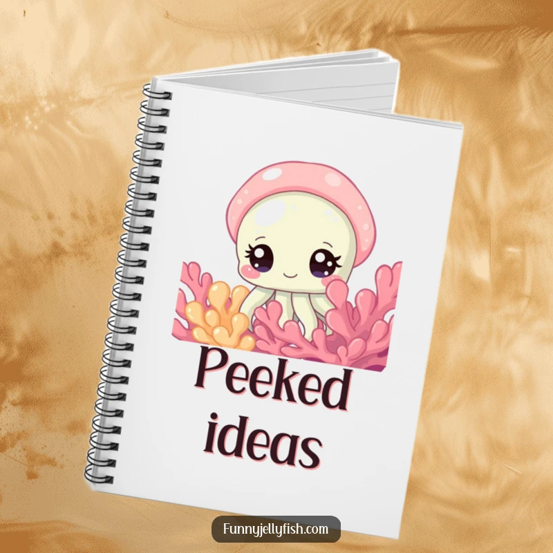 Funny Notebook featuring a Curious Jellyfish with Sparkling Eyes Peeking from Coral, perfect for journaling