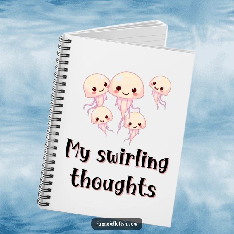 Funny notebook featuring small, giggling jellyfish swimming in a playful circle, inspiring fun and creativity for note-taking.