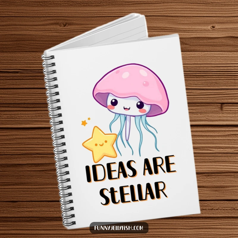Funny kawaii jellyfish playfully bouncing a miniature star with its bell on this cute and inspiring notebook.