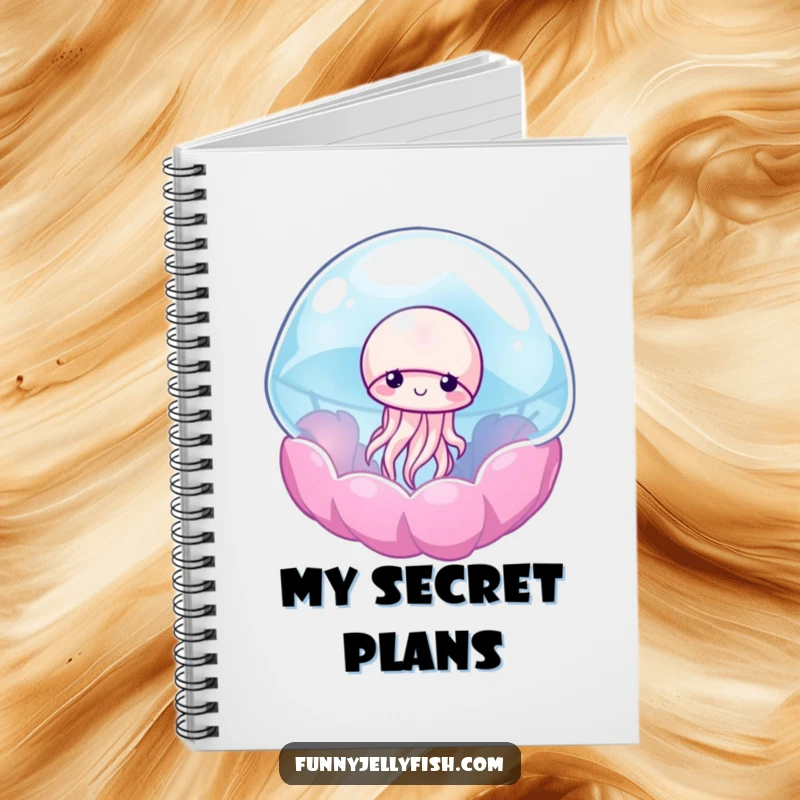 Funny notebook with a shy jellyfish peeking out from a colorful anemone, inspiring gentle creativity for note-taking.